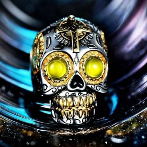 Fashion Hip Hop Zircon Yellow Eye Skull High Quality Metal Ring Men Gothic Style Punk Jewelry