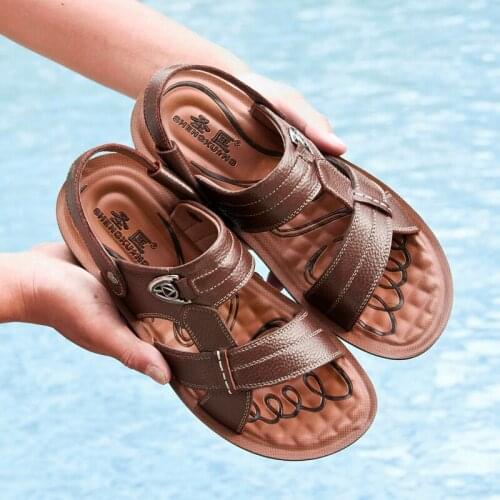 SHENGKUANG Big Plus Size 38 - 50 Men Genuine Leather Beach Sandals British Fashion Style Summer Flat Slippers