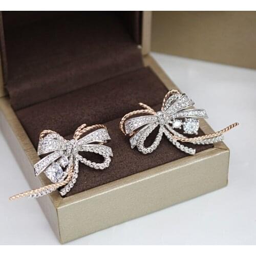 Delicate Silver Color Bow Tie Cubic Zirconia Earrings Crystal Geometric Bowknot Shape Stud Earrings For Women Fashion Korean
