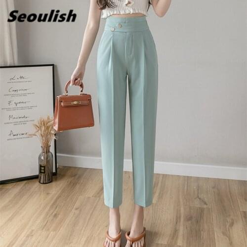 New 2020 Summer Button Womens Formal Harem Pants Pockets Workwear Solid Chic Pants High Waist Ankle-Length Pants Female