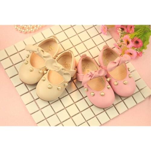 2021 Spring New Pearl Bow-knot Leather Shoes Baby Princess Toddler Shoes for Girls Sweet Cute Chic Flats Fashion 15-30 All-match