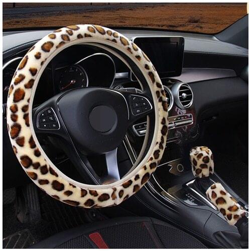 General Leopard Print Artificial Fur Winter Plush Car Steering Wheel Cover Handbrake Gear Cover Cover Car Steering Wheel Cover