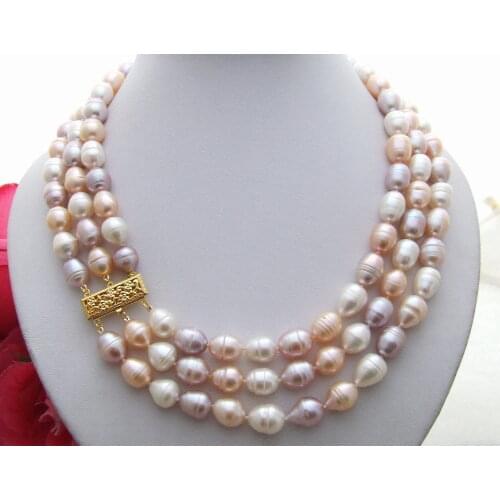 NEW 3 strds natural Freshwater pearl multi colors rice Necklace 9-10MM 20inches