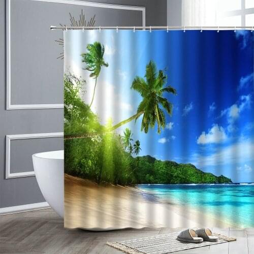 Sunny Beach Seaside Scenery Shower Curtains Ocean Tropical Green Plant Palm Trees Modern Wall Decor Screens Bathroom Curtain Set