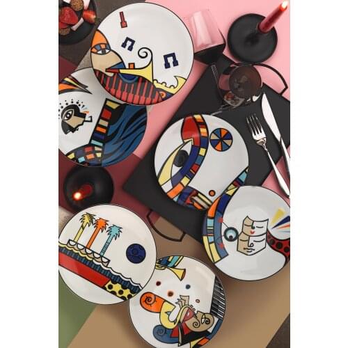6 Piece 21 cm Cake Plate, Set Plates and Dishes Porcelain Plate, pop art plates
