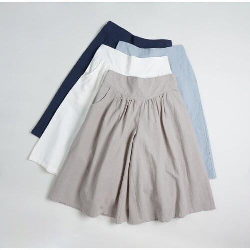 Japan Style vintage Cotton and linen Wide leg Culottes Loose Elastic Waist Womens Casual Pants