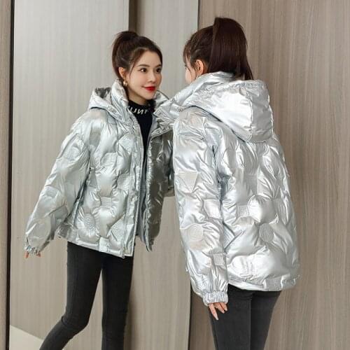 Bright Puffer Women Autumn Winter 2021 Fashion Trends Embossing Padded Clothing With Hood Teens Waterproof Ski Coat Streetwear