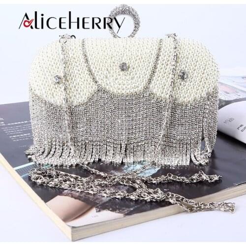 Women messenger beaded women vintage evening bags tassels pearl women bag shoulder bags,diamonds clutch box bag for wedding