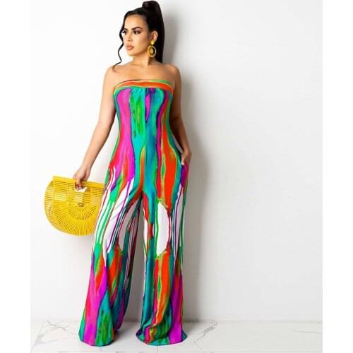 Tie Dyeing Print Rompers Womens Jumpsuit 2021 Off The Shoulder Backless Wide Leg Overalls Summer Beach Style Strapless Bodysuit