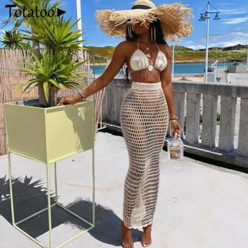 Totatoop Hollow Out Net Sexy Two Piece Set Women 2021 Backless Bandage Strap Halter Crop Top+Long Skirts Beach Outfit Dress