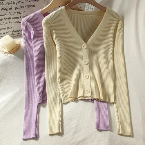 Short Long-sleeve Striped Sweater Women 2021 Autumn Korean Fashion Sweater Loose Thin V-neck Cardigan New Tops All-match 16999