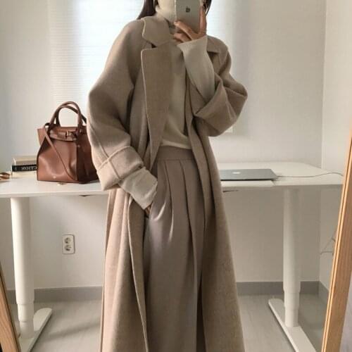 Women Elegant Long Wool Coat With Belt Solid Color Sleeve Chic Outerwear Ladies Overcoat Autumn Winter 2021