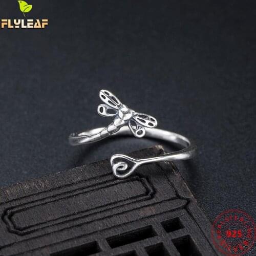 925 Sterling Silver Retro Dragonfly Open Rings For Women Punk Style Female Vintage Jewelry