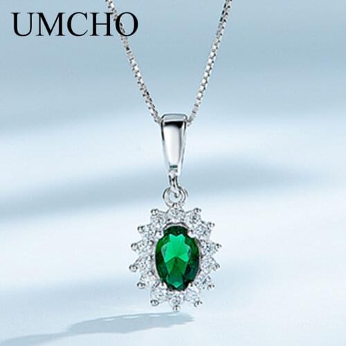 UMCHO Pure 925 Sterling Silver Necklace Rich Emerald Color Pendants Necklaces For Women Mothers Day Gift Fine Jewelry