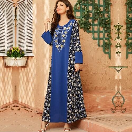 Dubai Big Swing Round Neck Printed Sequined Slim Fit Embroidered Lady Dress Muslim Plus Size Long Skirt Moroccan Oriental Dress