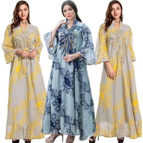 Women Sequnins Embroidery Luxury Party Evening Long Dress Muslim Loose Kaftan Dubai Maxi Abaya Islamic Ramadan Turkey Robe Gown