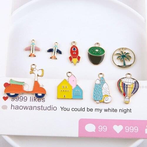 10pcs 2020 Korean Fashion Alloy Dripping Fun Motor House Hot Air Balloon Aircraft Love Cartoon Earrings Diy Jewelry Accessories