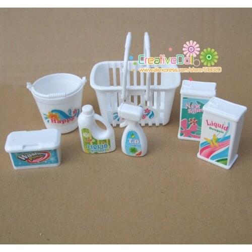 Free Shipping Kids play house toys swag box, buckets, detergents, Household Washing Kit for Barbie Doll