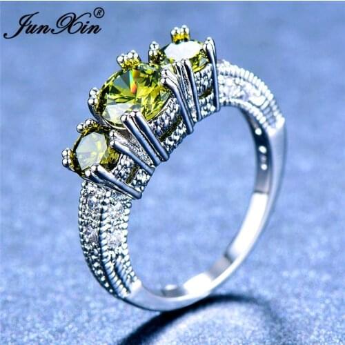 2018 New Peridot Round Finger Ring Crystal CZ Stone Rings Fashion Silver Color Wedding Jewelry Love Engagement Rings For Women