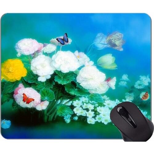 Natural Rubber Mouse Pad Printed with Rose art flower butterfly -Stitched Edges