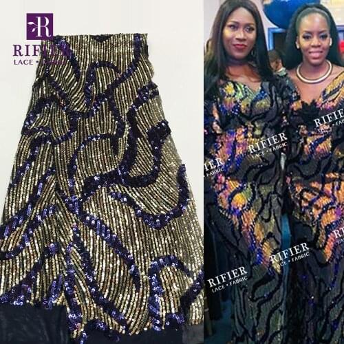 Sequins Lace Fabric Latest Fashion Nigerian Tulle Lace Fabric In Royal Blue French Sequined Net Fabric For Bridal Dress Material