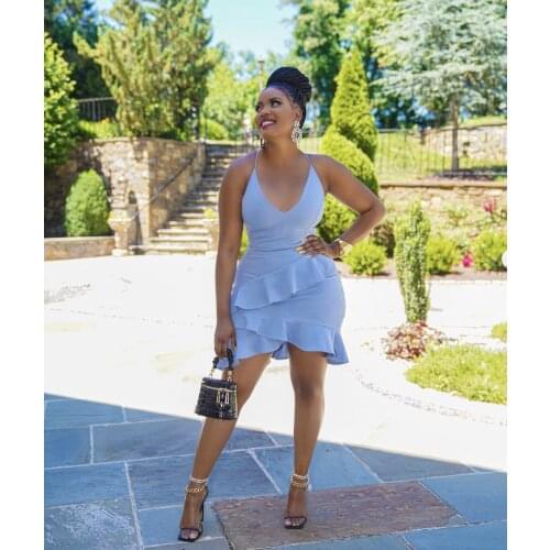 Echoine Summer V-neck Strap Bandage Backless Mini Dress Women Sexy Bodycon Ruffle Party Evening Dresses Vintage Elegant Dress