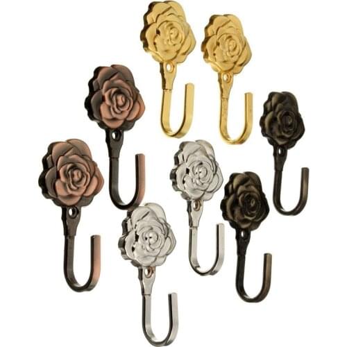 One Pair Rose Pattern Metal Curtain Hooks Wall Decorative Hookbacks Tiebacks Gold HFing