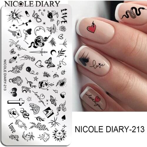 NICOLE DIARY Heartbeat Love Letter Flower Nail Stamping Plates Valentines Manicuring Stamp Templates Stencil Mold Snake Decor