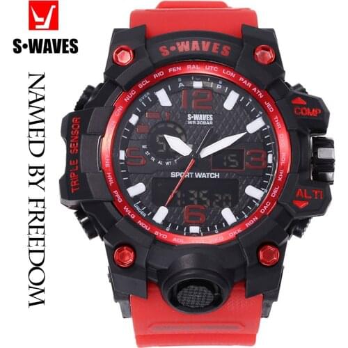 Sport Dual Display Watch Men SWAVES Big Brand Military Waterproof Clock Mens Wrist Watches Quartz Red Plastic LCD Reloj Hombre