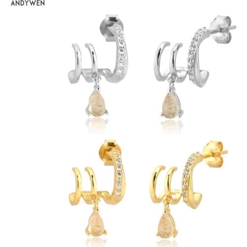 Andywen 100% 925 Sterling Silver Modern Gemstone Ovals Hoops Circle Triple Loops Women ROund Crystal Jewelry For Rock Punk