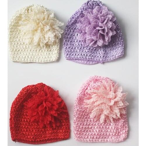 15pcs Newborn baby girl boy elastic crochet cap chiffon lace fabric flower infant toddlers fedoras elastic hat kids headwear