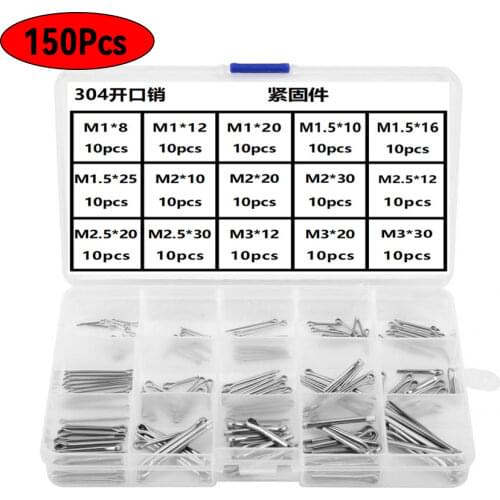 150pcs Split Cotter Pins Kit Set 304 Stainless Steel M1-M3 Hardware Assortment Box