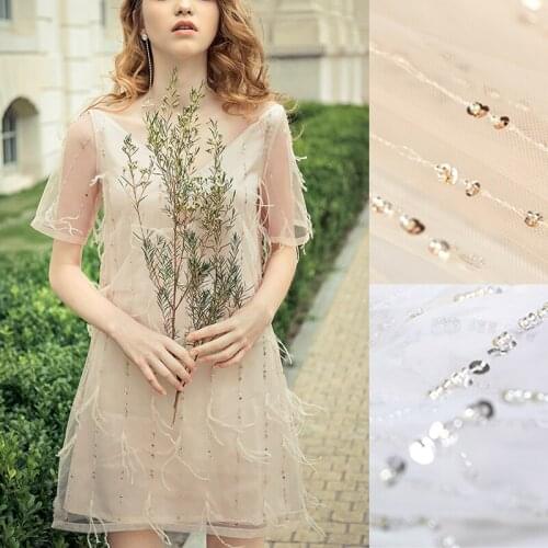 150CM Wide 140G/M Weight Paillette Beading Polyester Net Lace Fabric for Summer Autumn Dress DE1005