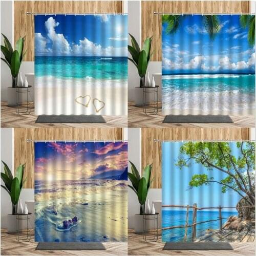 3D Summer Sea Scenery Shower Curtain Coconut Leaf Plant Beach Bath Screen Living Room Hanging Cloth Bathroom Curtains Home Decor