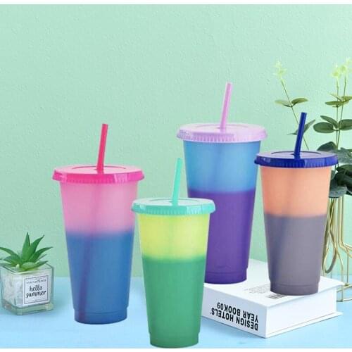 700ml Color Changing Cup With Lid Straw Cup PP Temperature Sensitive Rainbow Colorful Cloud Reusable Color Changing Cup
