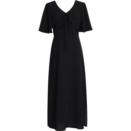 PERHAPS U Black V Neck Ruffle Flare Short Sleeve Lace Up Maxi Long Dress Solid Chiffon Elegant D0401