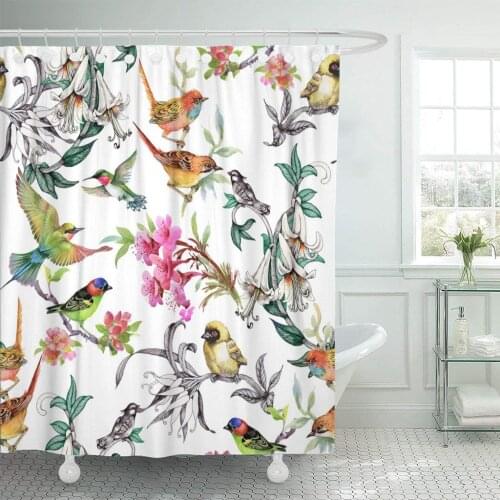 Colorful Watercolor Tropical Summer Flowers and Exotic Birds Shower Curtain Waterproof Polyester Fabric 72 x 72 Inches Set