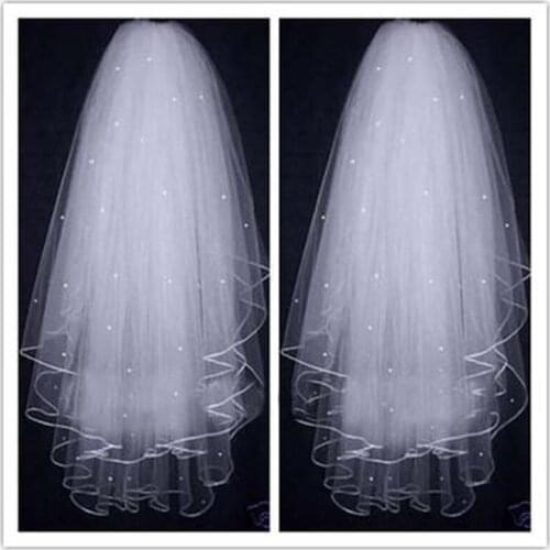 Newest Best Sale Handmade Best Selling Pearl Tulle Short Ribbon Edge White Ivory 3 Layer Wedding Veils Bridal Accessories Modern