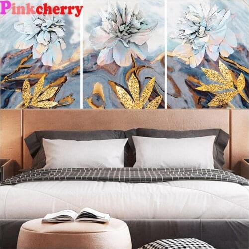 Nordic Gold Plant Leaf Flower 5d Diy Diamond Painting Full Square Round Diamond Embroidery Mosaic Needlework Triptych decor