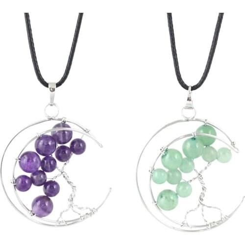 KFT Natural Healing Crystal Quartz Round Beads Stone Pendant Wire Wrapped Tree of Life Crescent Moon Pendant Necklace For Women