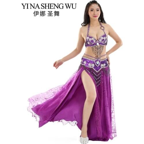 New Adult Belly Dance Costume Set Oriental Belly Dance Performance Clothing 3-pieces Set Belly Dance Sequin Bra Belt Rose Skirt