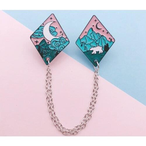 Creative Geometry Animal Bear Moon Mountain Chain Enamel Brooch Alloy Badge Denim Clothes Bag Cartoon Pin Jewelry Gift For Kid