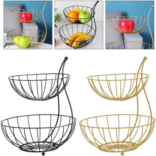 Round Bowl Shaped Double-layer Fruit Vegetable Basket Woven Iron Wire Hollow Desktop Storage Elegant Picnic Tray Drying Food Di