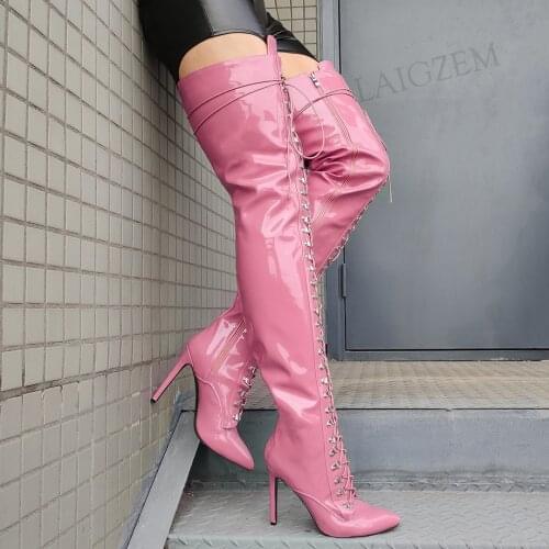 LAIGZEM Women Over Knee High Boots Pointed Toe Boots Shiny Side Full Zip Up Wide Calf Friendly Shoes Woman Big Size 39 43 46 47