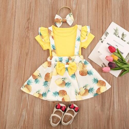 3Pcs Baby Girls Summer Clothes Outfits O-Neck Short Sleeves T-Shirt + Pineapple Print Overalls Skirt + Hair Band Suit for Girls