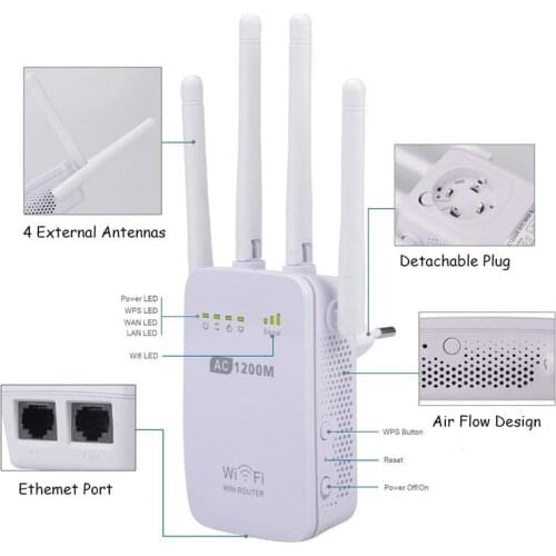 New 2.4G / 5G WiFi Router Wireless AC 1200Mbps Repeater Four High Gain Antennas wi fi Two RJ45 Ports Bridge Signal Amplifier