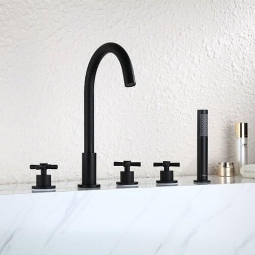 Matte Black 5PC Set Solid Brass Bathtub Faucet Hot and Cold Mixer Bathroom 5 Hole Jacuzzi Faucet With Hand Shower