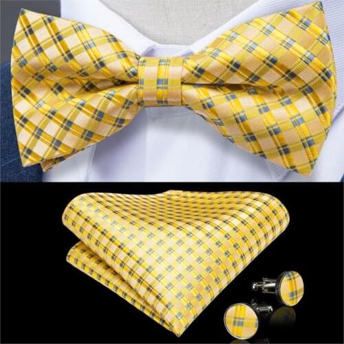 Mens Bowtie Fashion Yellow Silver Plaid Silk Bowtie Hanky Cufflinks Set High Quality Male Wedding Bowtie DiBanGu Party LH-114