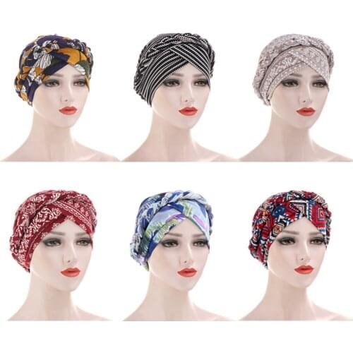 New Women Flower Printed Braid Hijab Caps Spring Autumn Muslim Wrap Turban Cap Fashion Inner Hijabs Bonnet Beanies Ready To Wear