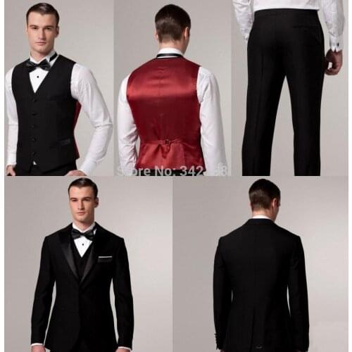 New Two Buttons Groom Tuxedos Black Best man Notch Satin Lapel Groomsman Men Wedding Suits/Bridegroom (Jacket+Pants+Tie+Vest)wed
